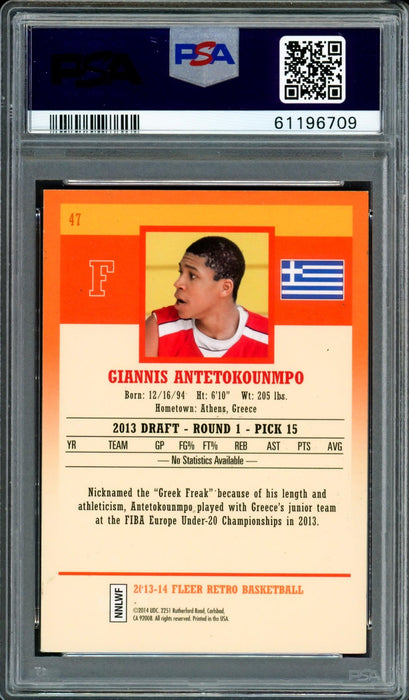 Giannis Antetokounmpo Autographed 2013 Fleer Retro Rookie Card #47 Milwaukee Bucks Auto Grade Mint 9 PSA/DNA #61196709 - RSA