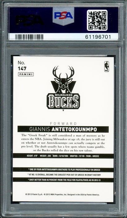 Giannis Antetokounmpo Autographed 2013 Panini NBA China Rookie Card #147 Milwaukee Bucks Auto Grade Mint 9 PSA/DNA #61196701 - RSA