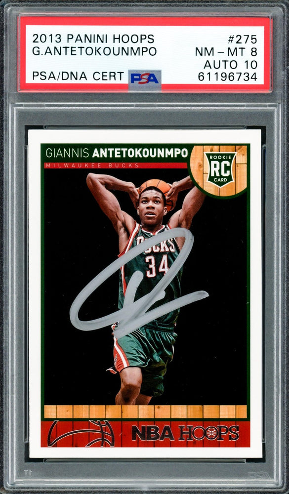 Giannis Antetokounmpo Autographed 2013 Panini Hoops Rookie Card #275 Milwaukee Bucks PSA 8 Auto Grade Gem Mint 10 PSA/DNA #61196734 - RSA