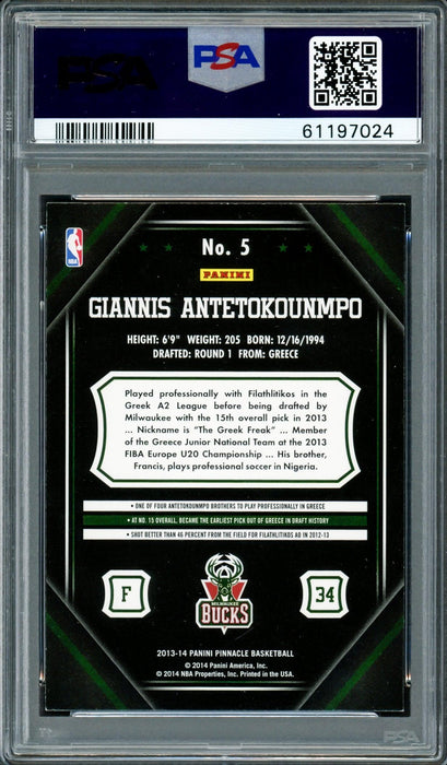 Giannis Antetokounmpo Autographed 2013 Panini Pinnacle Rookie Card #5 Milwaukee Bucks PSA 8 Auto Grade Gem Mint 10 PSA/DNA #61197024 - RSA