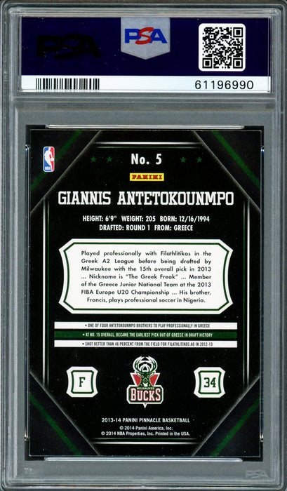 Giannis Antetokounmpo Autographed 2013 Panini Pinnacle Rookie Card #5 Milwaukee Bucks PSA 8 Auto Grade Mint 9 PSA/DNA #61196990 - RSA