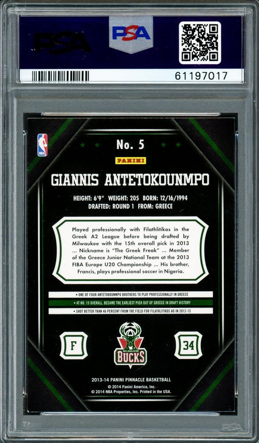 Giannis Antetokounmpo Autographed 2013 Panini Pinnacle Rookie Card #5 Milwaukee Bucks Auto Grade Gem Mint 10 PSA/DNA #61197017 - RSA