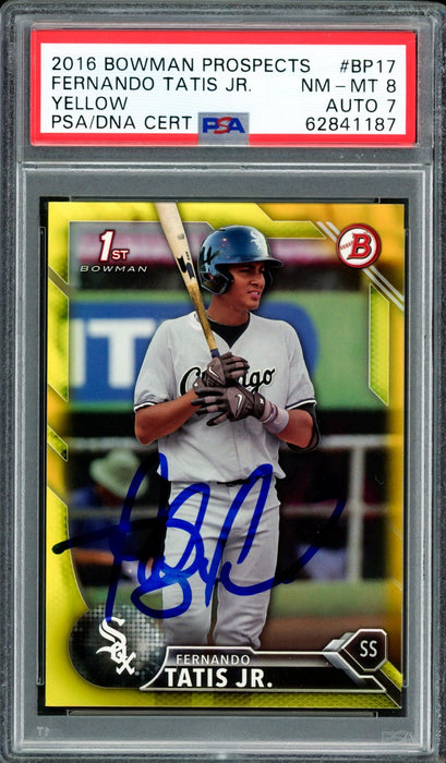 Fernando Tatis Jr. Autographed 2016 Bowman Prospects Yellow Rookie Card #BP17 San Diego Padres PSA 8 Auto Grade 7 PSA/DNA #62841187 - RSA