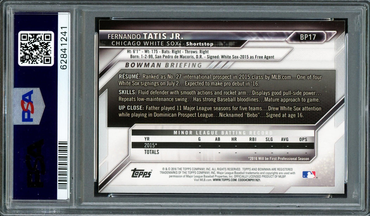 Fernando Tatis Jr. Autographed 2016 Bowman Prospects Rookie Card #BP17 San Diego Padres PSA 10 Auto Grade Mint 9 PSA/DNA #62841241 - RSA