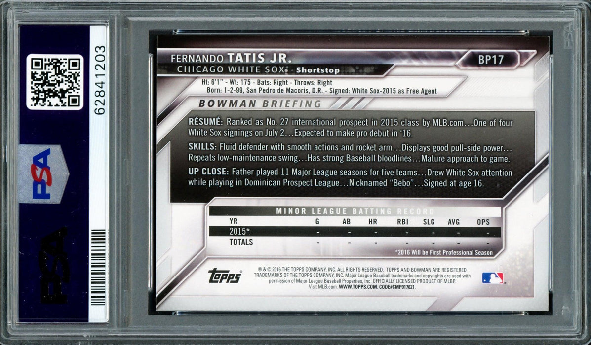 Fernando Tatis Jr. Autographed 2016 Bowman Prospects Rookie Card #BP17 San Diego Padres PSA 9 Auto Grade Mint 9 PSA/DNA Stock #208568 - RSA