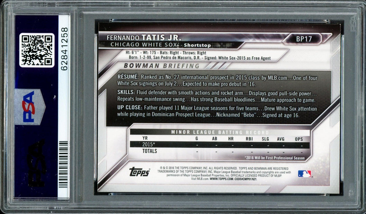 Fernando Tatis Jr. Autographed 2016 Bowman Prospects Rookie Card #BP17 San Diego Padres PSA 8 Auto Grade Mint 9 PSA/DNA #62841258 - RSA