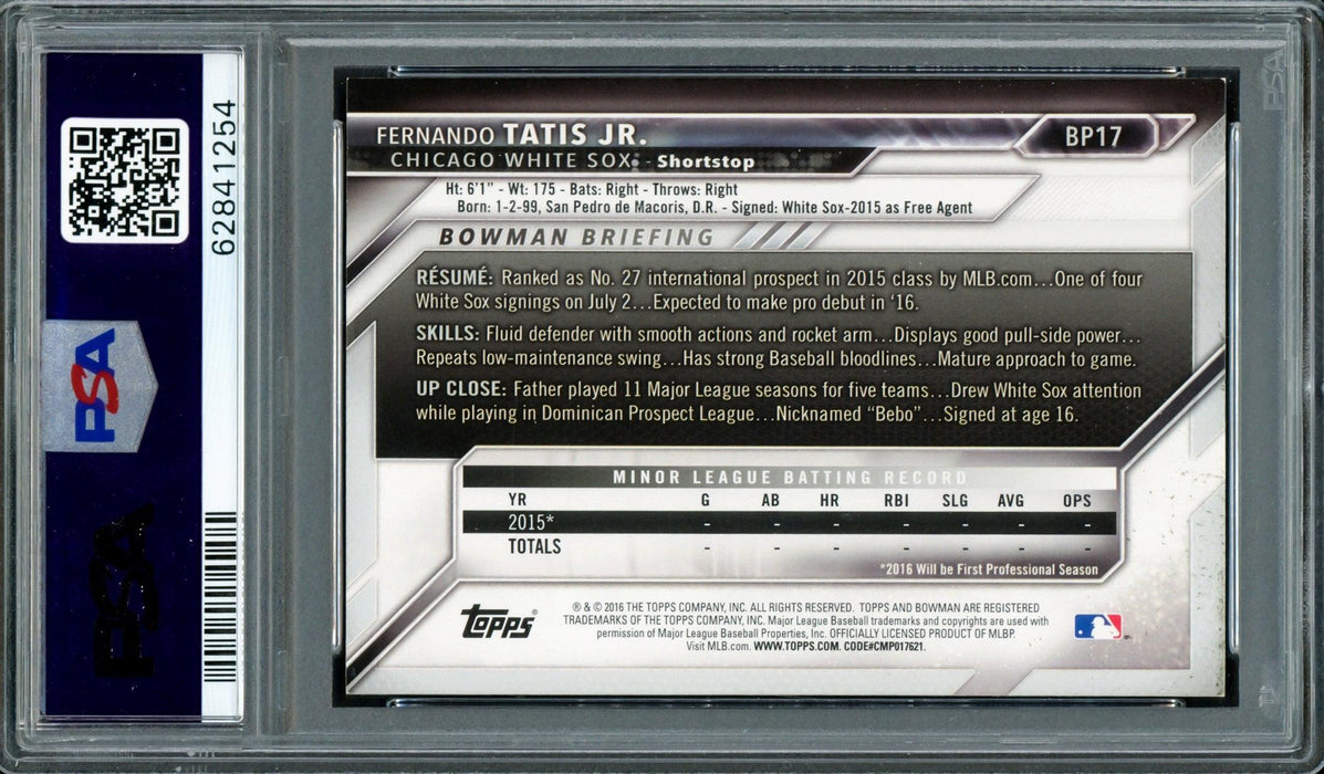 Fernando Tatis Jr. Autographed 2016 Bowman Prospects Rookie Card #BP17 San Diego Padres PSA 7 Auto Grade Gem Mint 10 PSA/DNA Stock #208572 - RSA