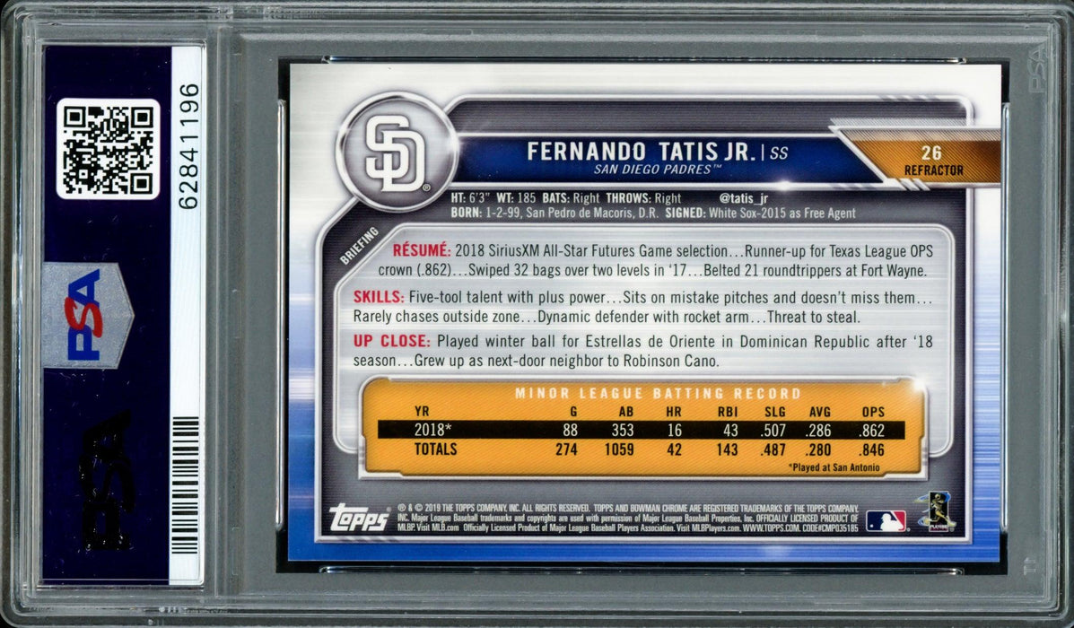 Fernando Tatis Jr. Autographed 2019 Bowman Chrome Refractor Rookie Card #26 San Diego Padres PSA 9 Auto Grade Gem Mint 10 #439/499 PSA/DNA #62841196 - RSA