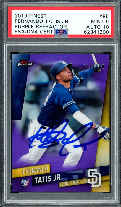 Fernando Tatis Jr. Autographed 2019 Topps Finest Purple Refractor Rookie Card #85 San Diego Padres PSA 9 Auto Grade Gem Mint 10 #99/250 PSA/DNA #62841200 - RSA