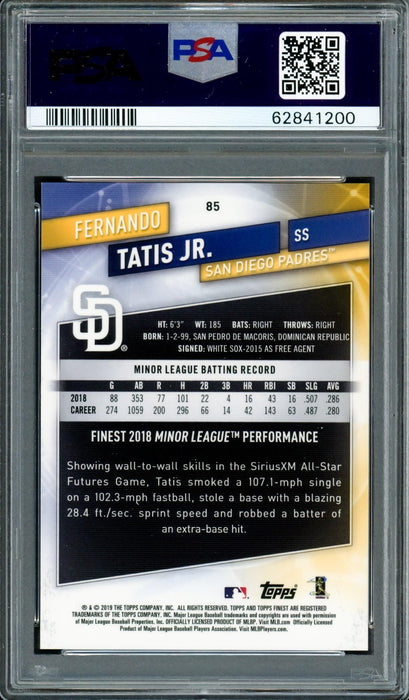 Fernando Tatis Jr. Autographed 2019 Topps Finest Purple Refractor Rookie Card #85 San Diego Padres PSA 9 Auto Grade Gem Mint 10 #99/250 PSA/DNA #62841200 - RSA