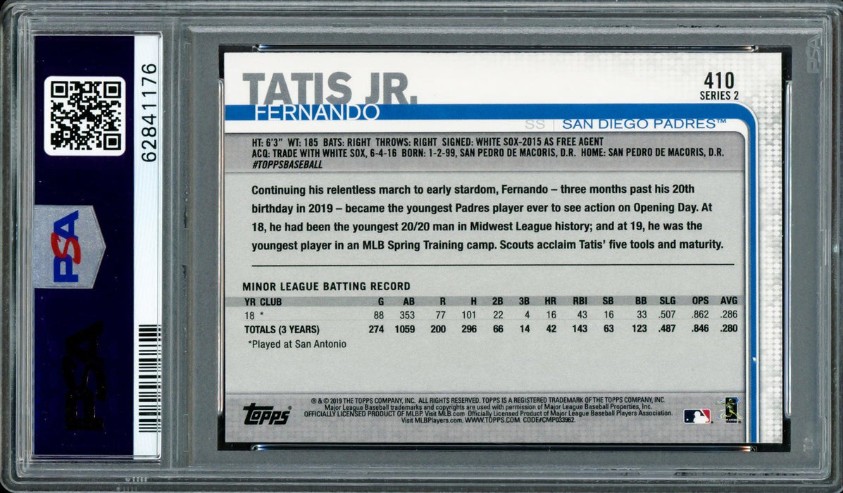 Fernando Tatis Jr. Autographed 2019 Topps Rainbow Foil Rookie Card #410 San Diego Padres PSA 10 Auto Grade Gem Mint 10 Pop 1 PSA/DNA #62841176 - RSA
