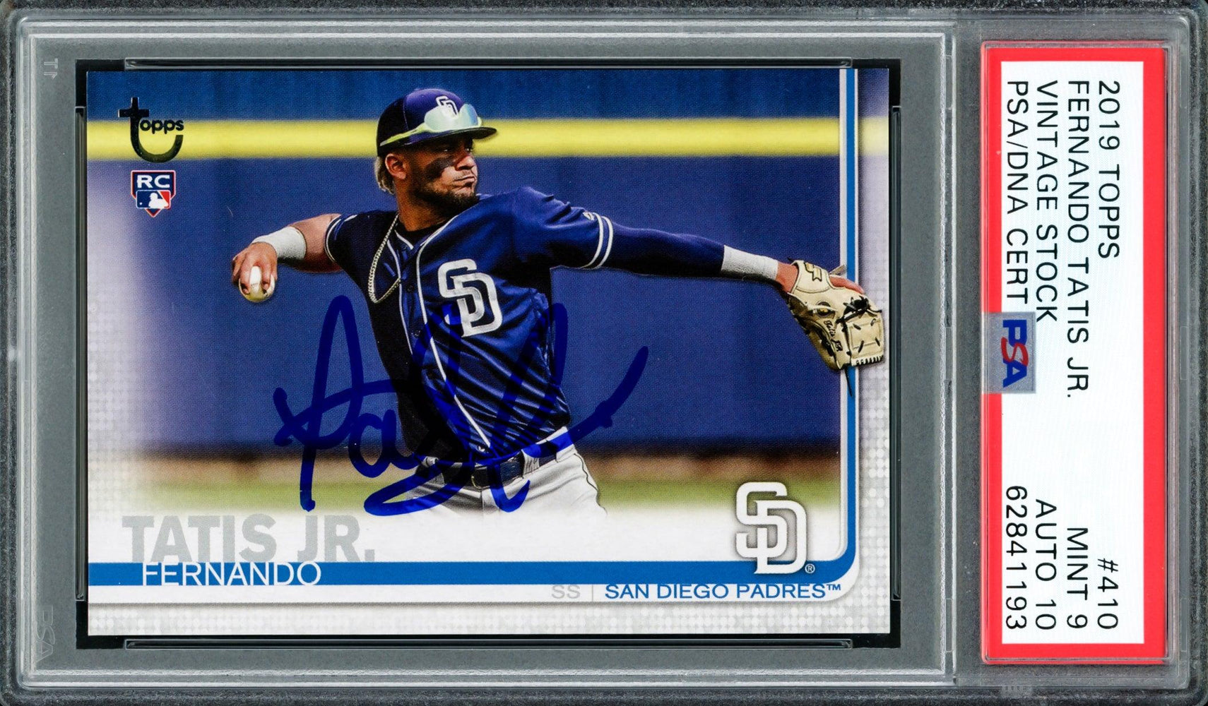 Fernando Tatis Jr. Autographed 2019 Topps Vintage Stock Rookie Card #410 San Diego Padres PSA 9 Auto Grade Gem Mint 10 Highest Graded PSA/DNA #62841193 - RSA