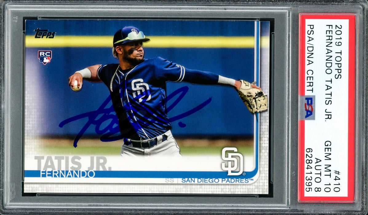Fernando Tatis Jr. Autographed 2019 Topps Rookie Card #410 San Diego Padres PSA 10 Auto Grade Near Mint/Mint 8 PSA/DNA #62841395 - RSA