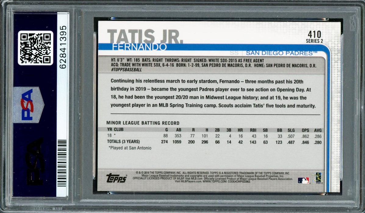 Fernando Tatis Jr. Autographed 2019 Topps Rookie Card #410 San Diego Padres PSA 10 Auto Grade Near Mint/Mint 8 PSA/DNA #62841395 - RSA