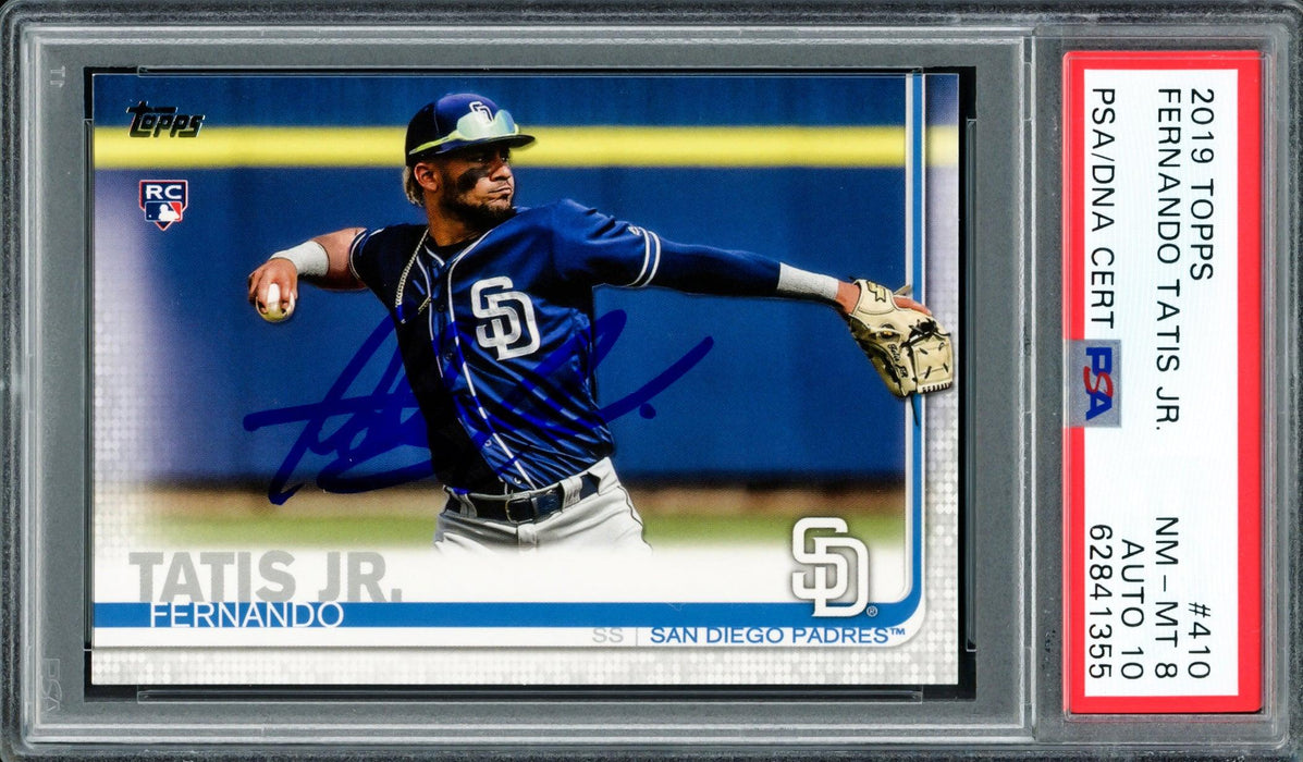 Fernando Tatis Jr. Autographed 2019 Topps Rookie Card #410 San Diego Padres PSA 8 Auto Grade Gem Mint 10 PSA/DNA Stock #208604 - RSA