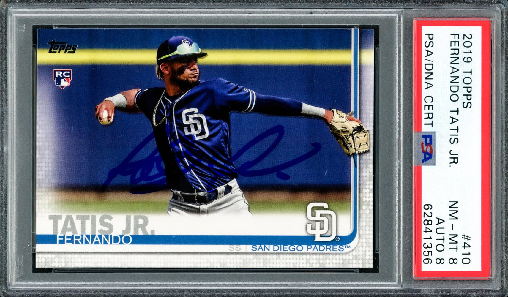 Fernando Tatis Jr. Autographed 2019 Topps Rookie Card #410 San Diego Padres PSA 8 Auto Grade Near Mint/Mint 8 PSA/DNA #62841356 - RSA