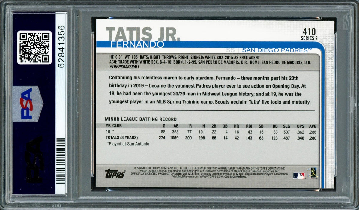 Fernando Tatis Jr. Autographed 2019 Topps Rookie Card #410 San Diego Padres PSA 8 Auto Grade Near Mint/Mint 8 PSA/DNA #62841356 - RSA