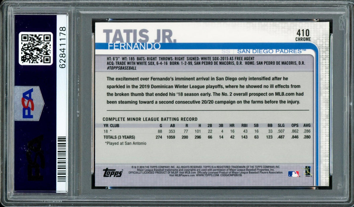 Fernando Tatis Jr. Autographed 2019 Topps Chrome Complete Set Rookie Card #410 San Diego Padres PSA 9 Auto Grade Gem Mint 10 PSA/DNA #62841178 - RSA