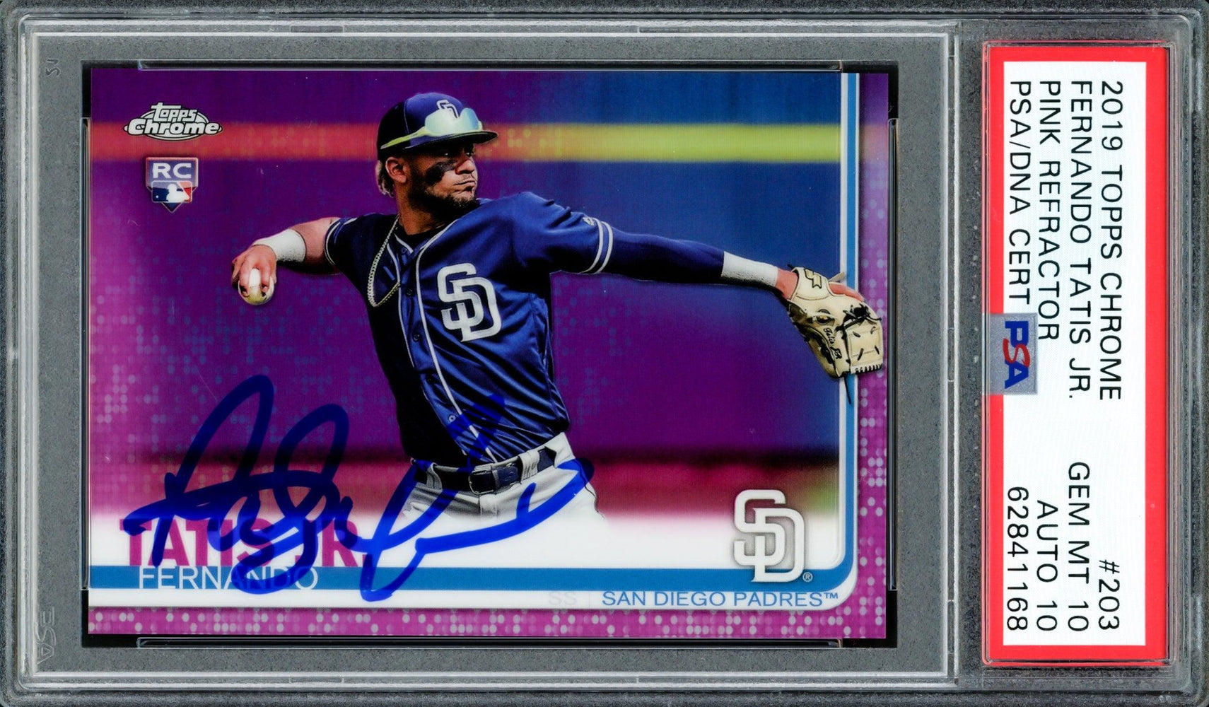 Fernando Tatis Jr. Autographed 2019 Topps Chrome Pink Refractor Rookie Card #203 San Diego Padres PSA 10 Auto Grade Gem Mint 10 PSA/DNA #62841168 - RSA