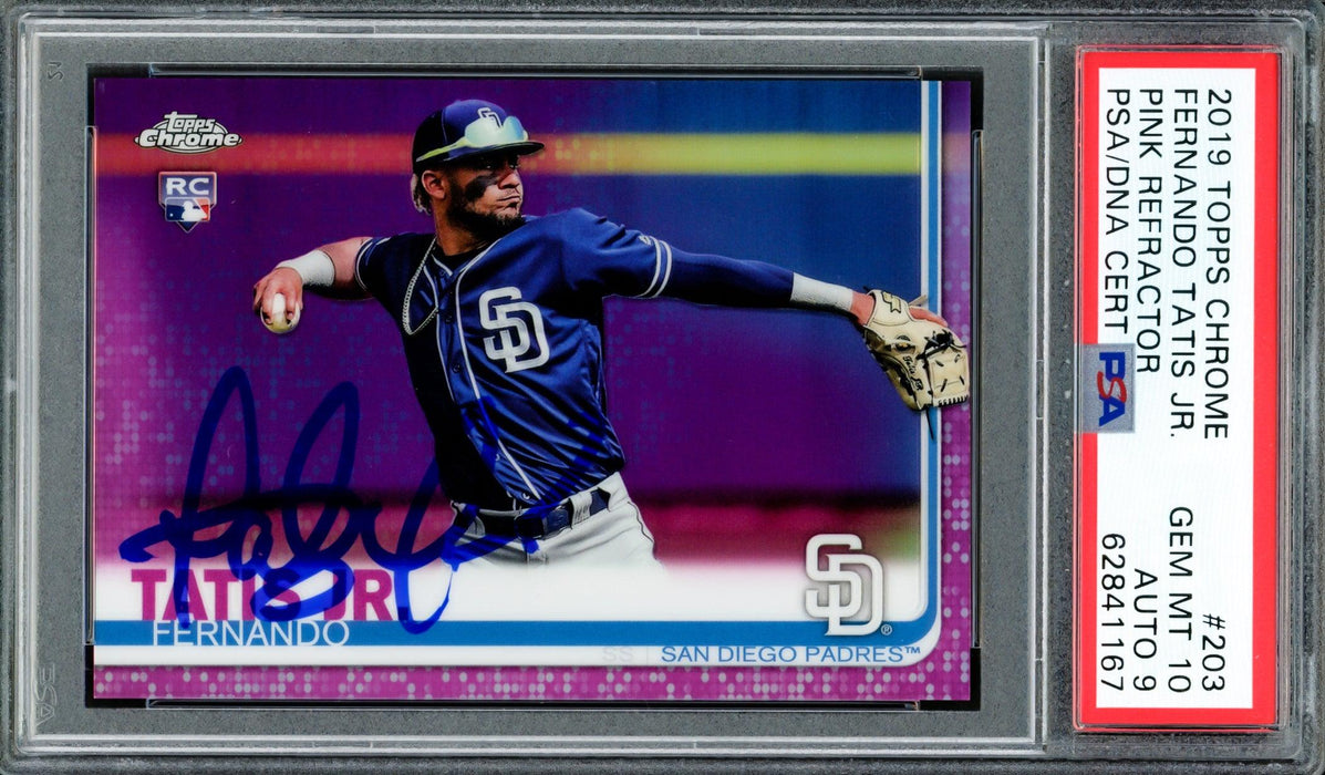 Fernando Tatis Jr. Autographed 2019 Topps Chrome Pink Refractor Rookie Card #203 San Diego Padres PSA 10 Auto Grade Mint 9 PSA/DNA #62841167 - RSA