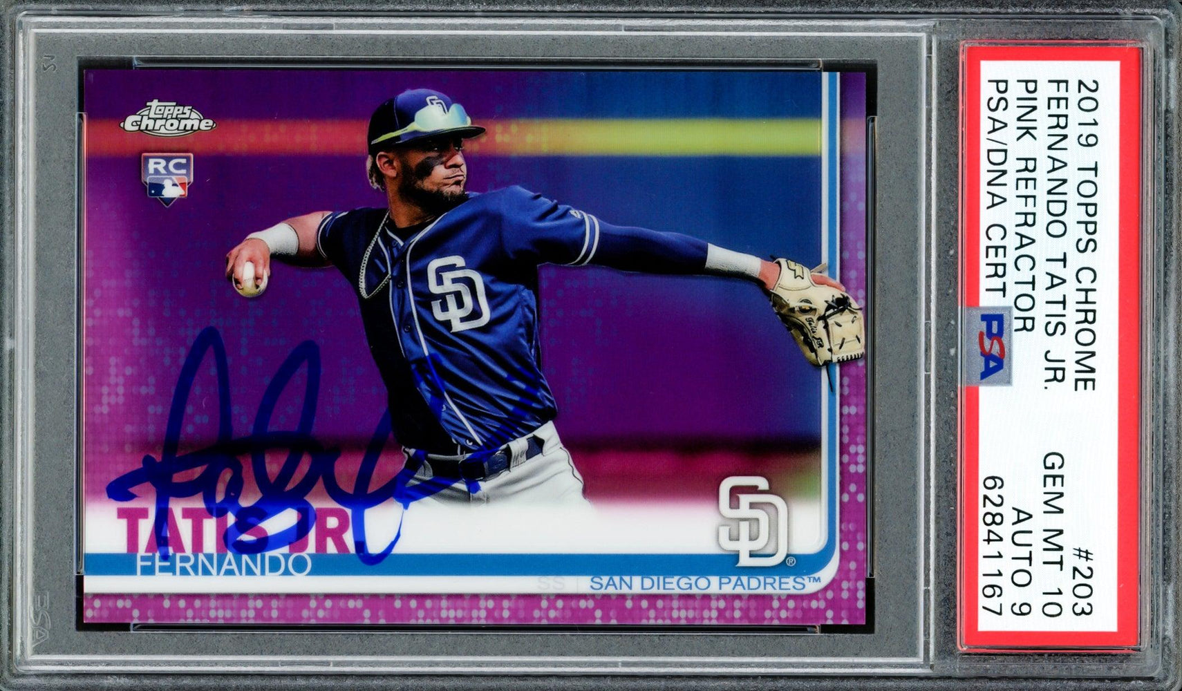 Fernando Tatis Jr. Autographed 2019 Topps Chrome Pink Refractor Rookie Card #203 San Diego Padres PSA 10 Auto Grade Mint 9 PSA/DNA #62841167 - RSA