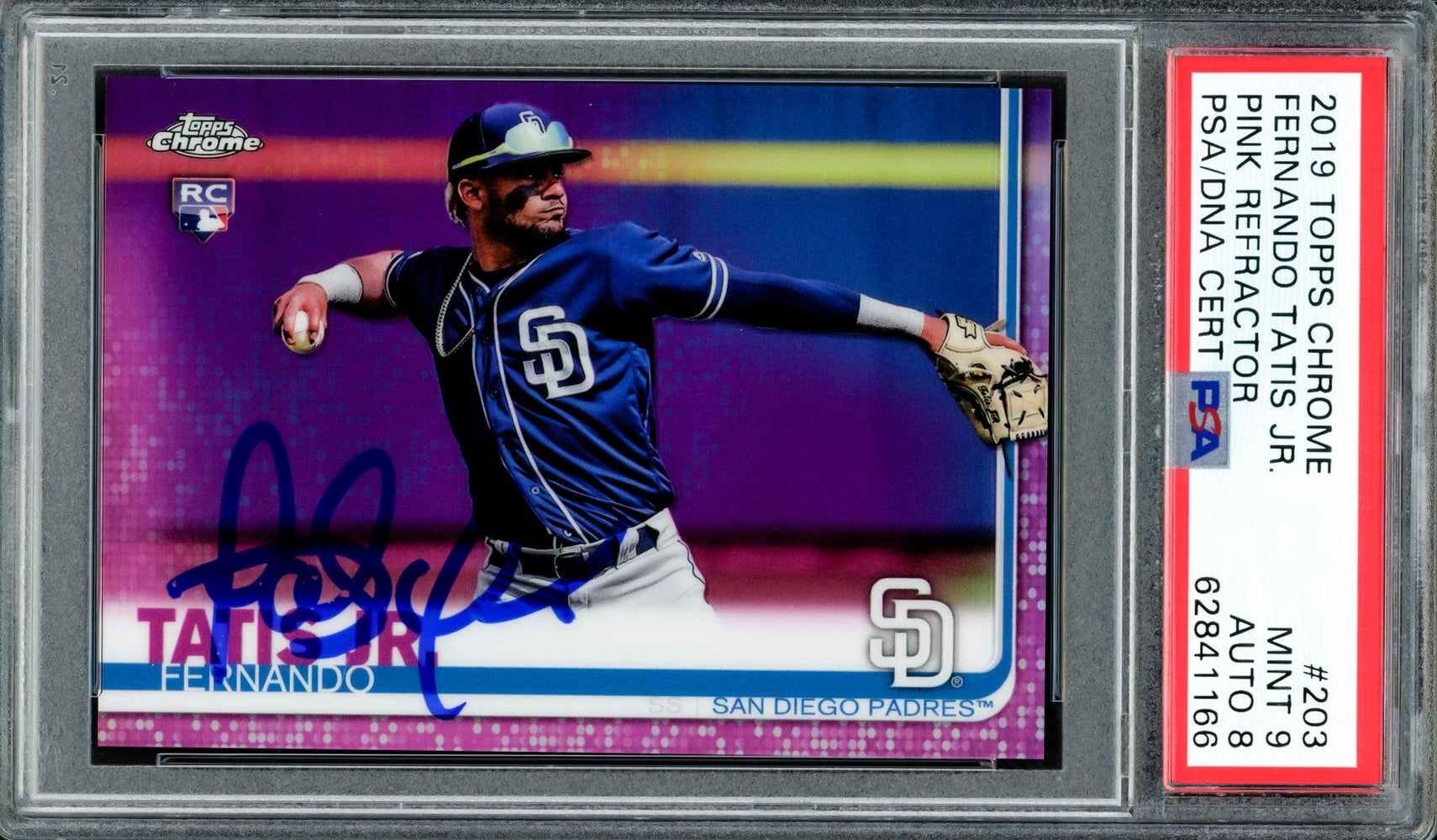 Fernando Tatis Jr. Autographed 2019 Topps Chrome Pink Refractor Rookie Card #203 San Diego Padres PSA 9 Auto Grade Near Mint/Mint 8 PSA/DNA #62841166 - RSA