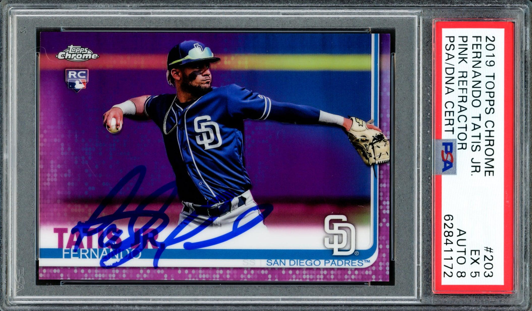 Fernando Tatis Jr. Autographed 2019 Topps Chrome Pink Refractor Rookie Card #203 San Diego Padres PSA 5 Auto Grade Near Mint/Mint 8 PSA/DNA #62841172 - RSA
