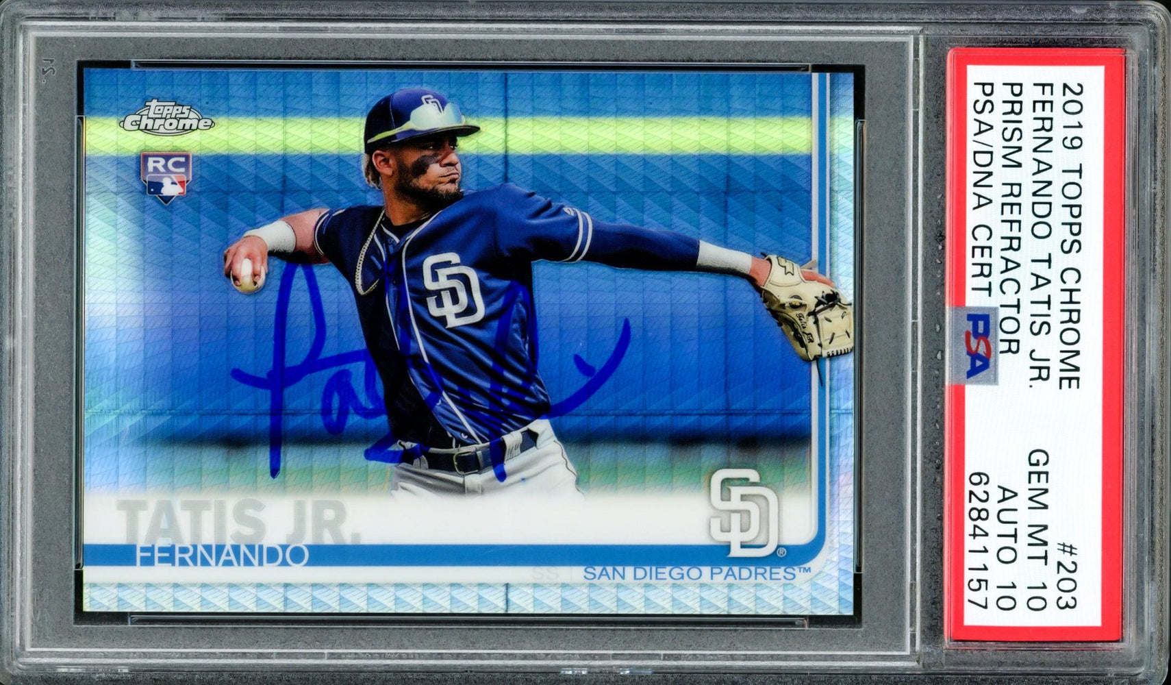 Fernando Tatis Jr. Autographed 2019 Topps Chrome Prism Refractor Rookie Card #203 San Diego Padres PSA 10 Auto Grade Gem Mint 10 PSA/DNA #62841157 - RSA