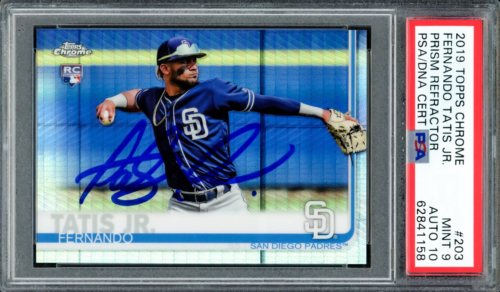 Fernando Tatis Jr. Autographed 2019 Topps Chrome Prism Refractor Rookie Card #203 San Diego Padres PSA 9 Auto Grade Gem Mint 10 PSA/DNA #62841158 - RSA