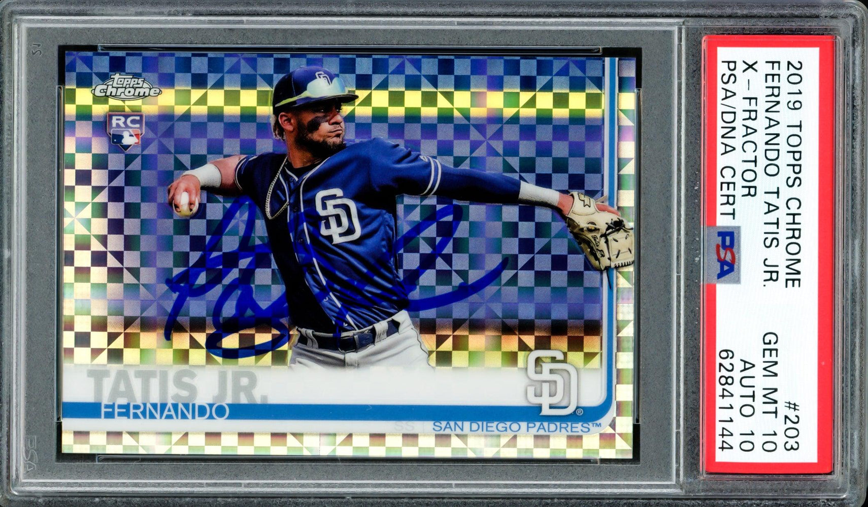 Fernando Tatis Jr. Autographed 2019 Topps Chrome X-Fractor Rookie Card #203 San Diego Padres PSA 10 Auto Grade Gem Mint 10 PSA/DNA #62841144 - RSA