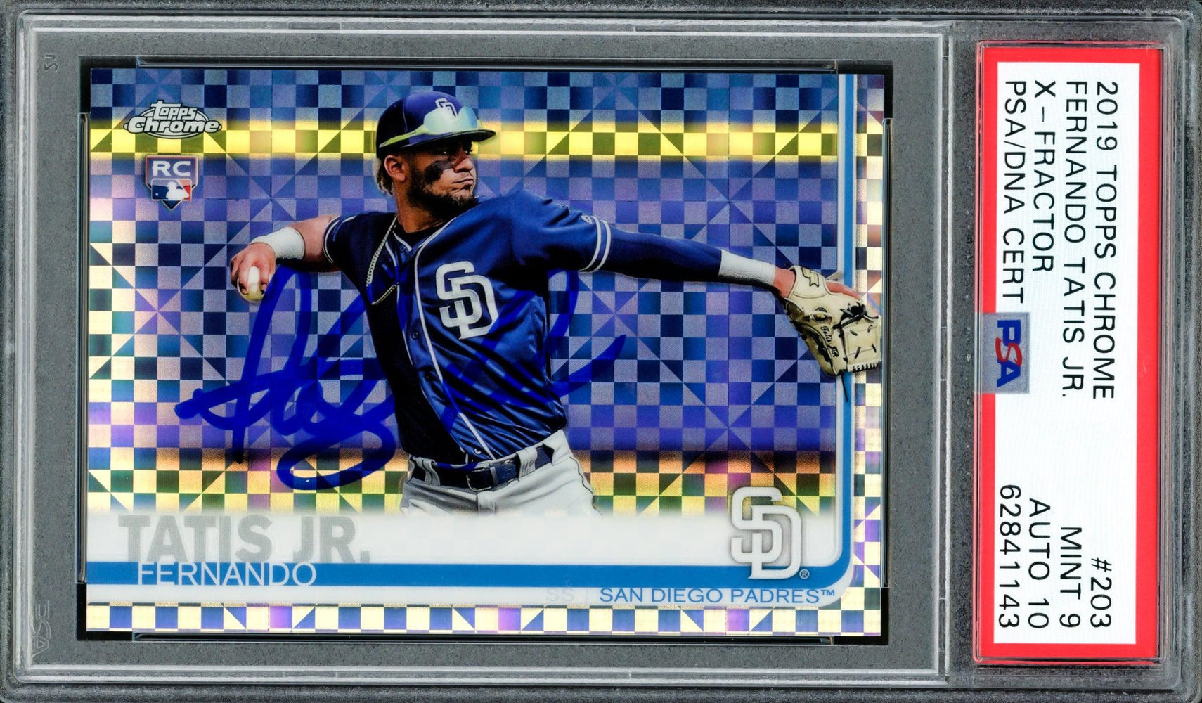 Fernando Tatis Jr. Autographed 2019 Topps Chrome X-Fractor Rookie Card #203 San Diego Padres PSA 9 Auto Grade Gem Mint 10 PSA/DNA #62841143 - RSA