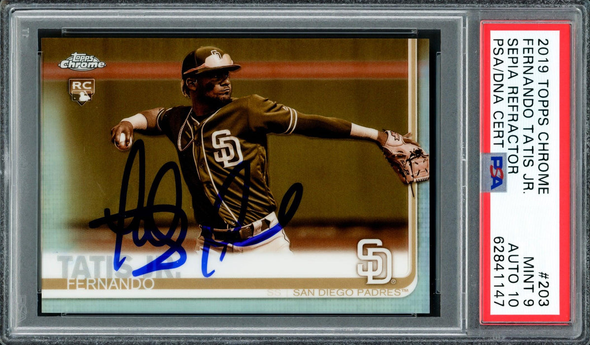 Fernando Tatis Jr. Autographed 2019 Topps Chrome Sepia Refractor Rookie Card #203 San Diego Padres PSA 9 Auto Grade Gem Mint 10 PSA/DNA #62841147 - RSA