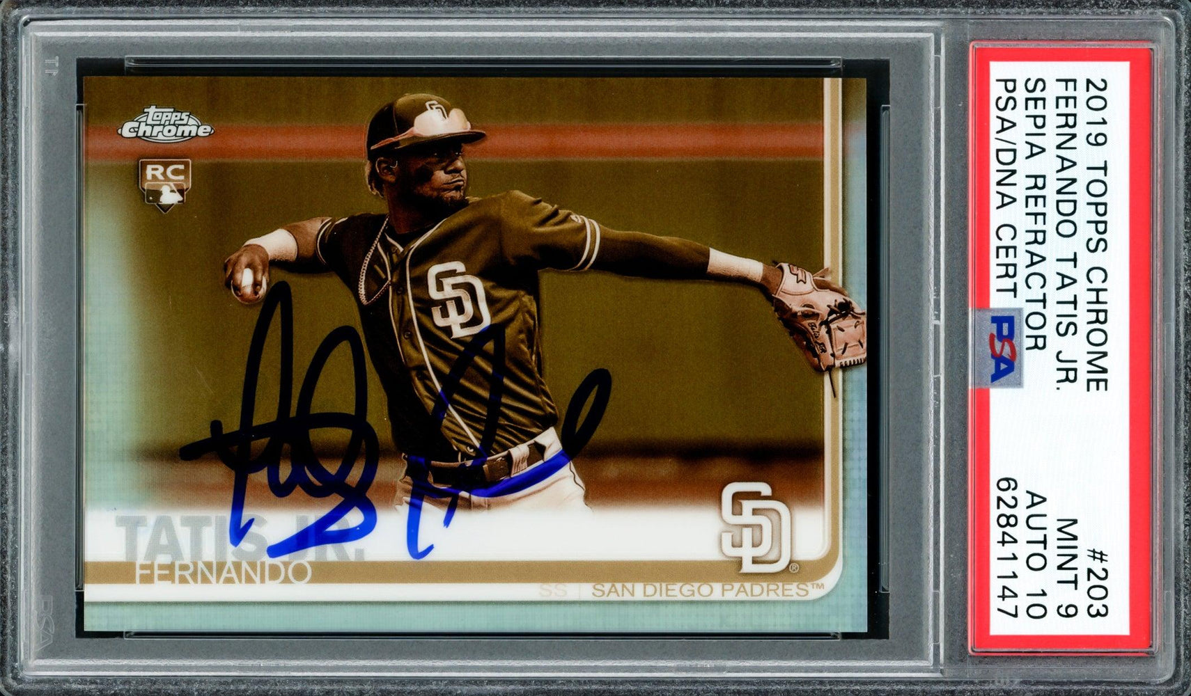 Fernando Tatis Jr. Autographed 2019 Topps Chrome Sepia Refractor Rookie Card #203 San Diego Padres PSA 9 Auto Grade Gem Mint 10 PSA/DNA #62841147 - RSA