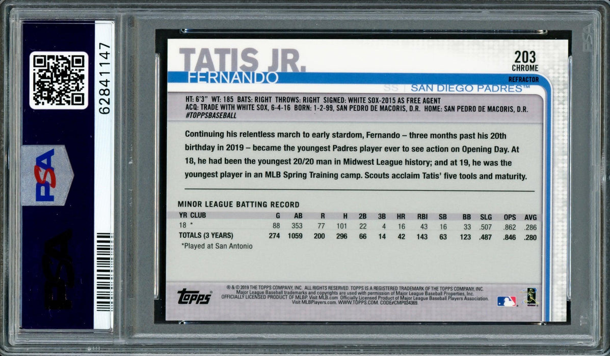 Fernando Tatis Jr. Autographed 2019 Topps Chrome Sepia Refractor Rookie Card #203 San Diego Padres PSA 9 Auto Grade Gem Mint 10 PSA/DNA #62841147 - RSA