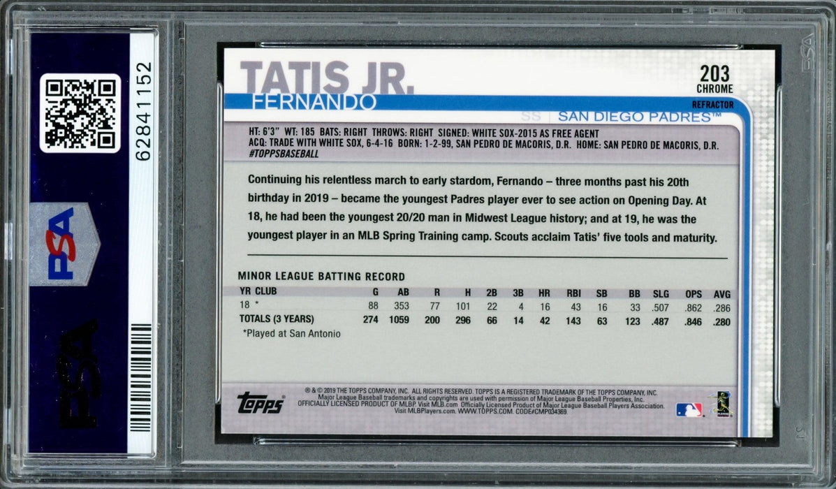 Fernando Tatis Jr. Autographed 2019 Topps Chrome Sepia Refractor Rookie Card #203 San Diego Padres PSA 9 Auto Grade Mint 9 PSA/DNA #62841152 - RSA
