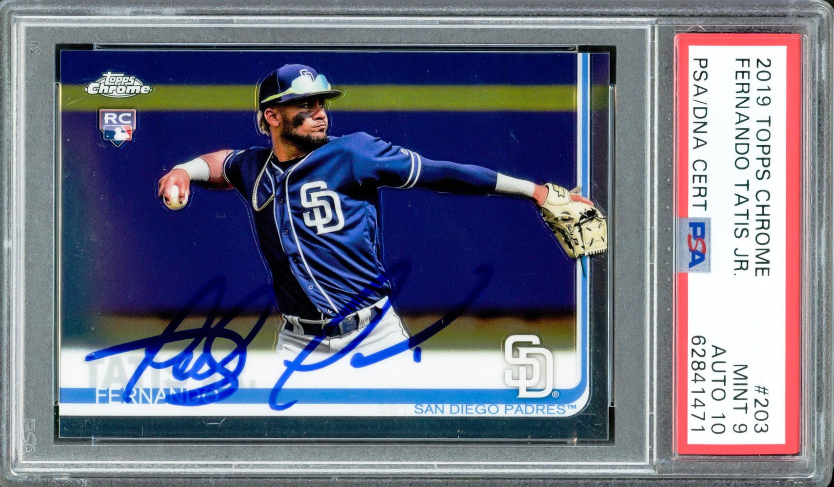 Fernando Tatis Jr. Autographed 2019 Topps Chrome Rookie Card #203 San Diego Padres PSA 9 Auto Grade Gem Mint 10 PSA/DNA #62841471 - RSA