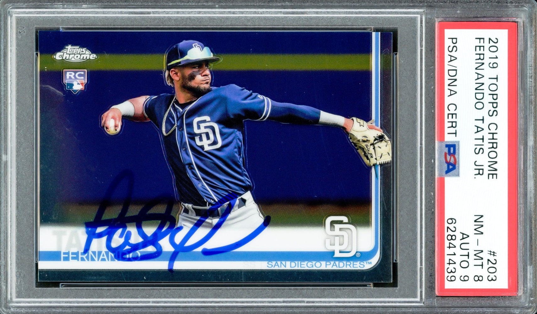 Fernando Tatis Jr. Autographed 2019 Topps Chrome Rookie Card #203 San Diego Padres PSA 8 Auto Grade Mint 9 PSA/DNA #62841439 - RSA
