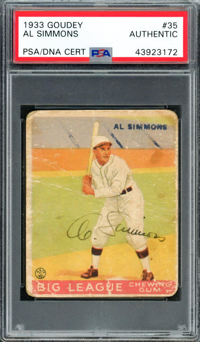 Al Simmons Autographed 1933 Goudey Rookie Card #35 Philadelphia A's PSA/DNA #43923172 - RSA
