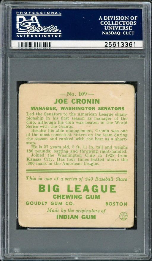 Joe Cronin Autographed 1933 Goudey Rookie Card #109 Washington Senators Signed Twice PSA/DNA #25613361 - RSA