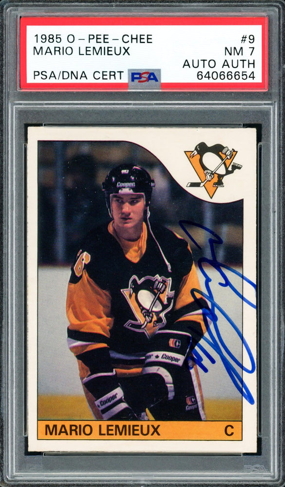 Mario Lemieux Autographed 1985 O-Pee-Chee Rookie Card #9 Pittsburgh Penguins PSA 7 PSA/DNA #64066654 - RSA