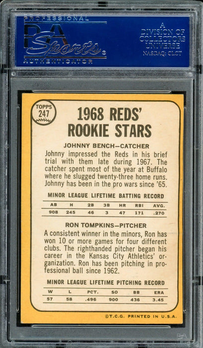 Johnny Bench Autographed 1968 Topps Rookie Card #247 Cincinnati Reds PSA/DNA #65075632 - RSA