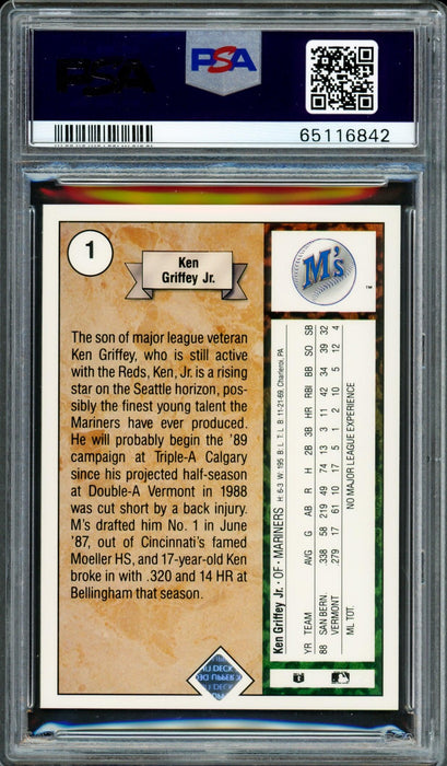 Ken Griffey Jr. Autographed 1989 Upper Deck Rookie Card #1 Seattle Mariners PSA 8 Auto Grade Gem Mint 10 PSA/DNA #65116842 - RSA