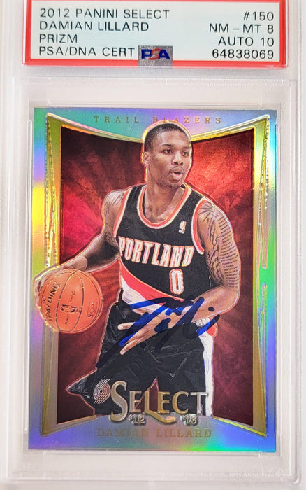 Damian Lillard Autographed 2012 Panini Select Silver Prizm Rookie Card #150 Portland Trail Blazers PSA 8 Auto Grade Gem Mint 10 On Card PSA/DNA #64838069 - RSA