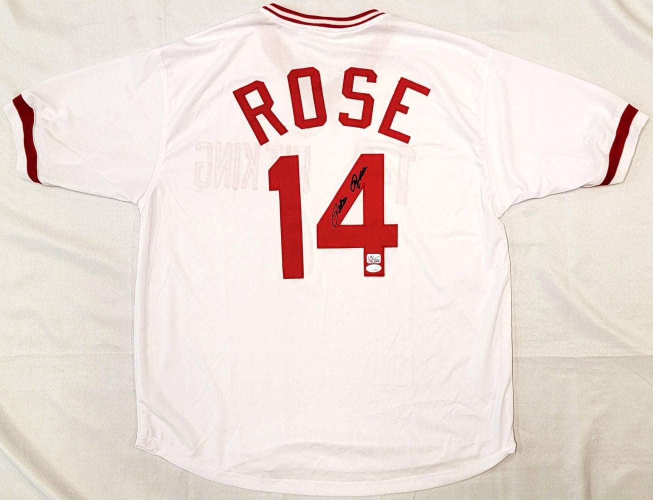 Cincinnati Reds Pete Rose Autographed White Jersey Hit King JSA #WA035057 - RSA