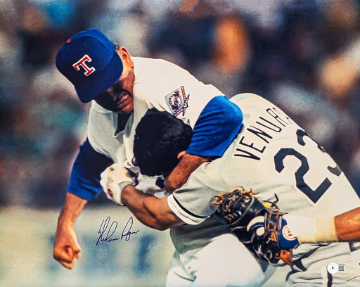 Nolan Ryan Autographed 16x20 Photo Texas Rangers Fight vs. Robin Ventura Beckett BAS QR Stock #208689 - RSA
