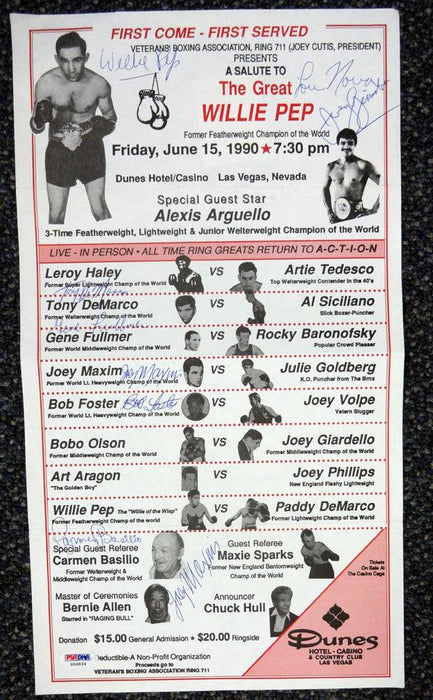 Boxing Greats Autographed 9x16 Program With 9 Total Signatures Including Willie Pep, Gene Fullmer & Joey Maxim PSA/DNA #S50834 - RSA