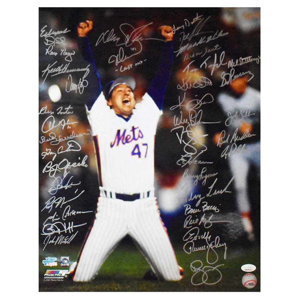 39 Signature 1986 Mets Team-Signed Last Out Inscription 16x20 On-Field Celebration Photo - RSA