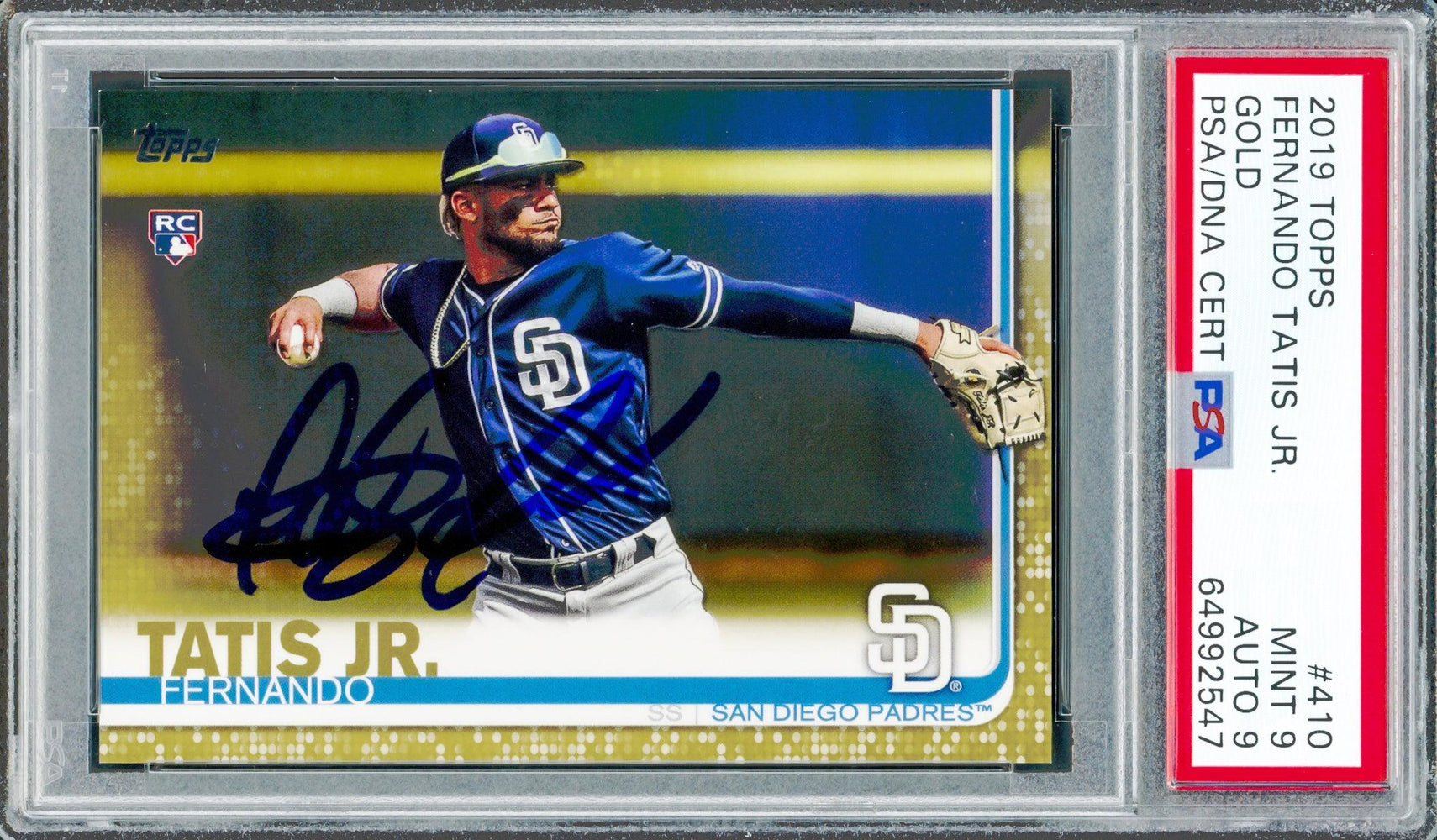 Fernando Tatis Jr. Autographed 2019 Topps Gold Rookie Card #410 San Diego Padres PSA 9 Auto Grade Mint 9 PSA/DNA #64992547 - RSA