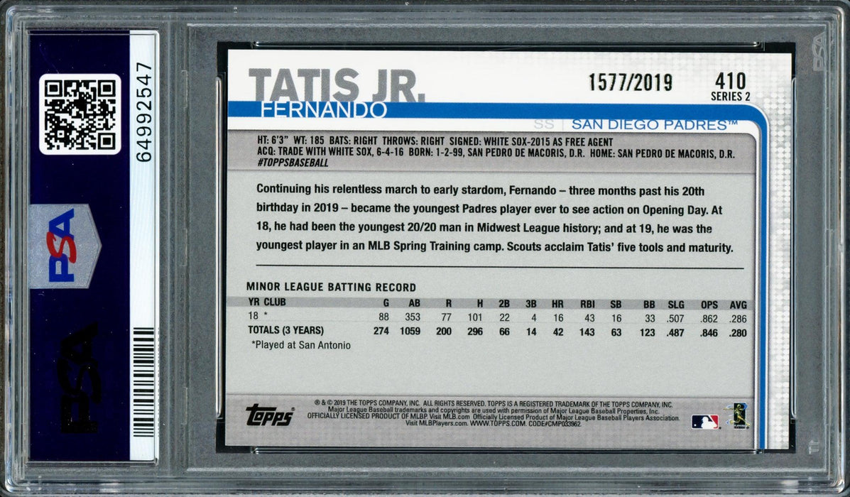 Fernando Tatis Jr. Autographed 2019 Topps Gold Rookie Card #410 San Diego Padres PSA 9 Auto Grade Mint 9 PSA/DNA #64992547 - RSA