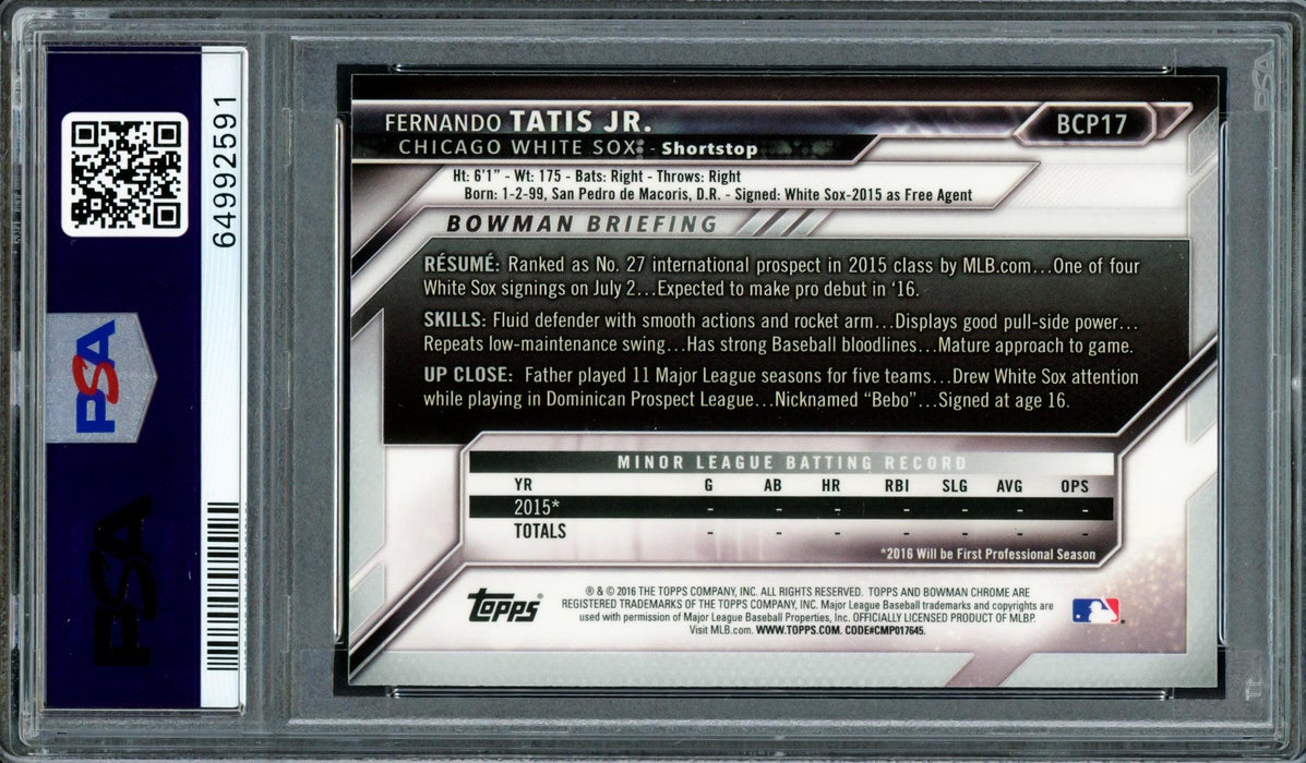 Fernando Tatis Jr. Autographed 2016 Bowman Chrome Rookie Card #BCP17 San Diego Padres PSA 9 Auto Grade Mint 9 PSA/DNA #64992591 - RSA